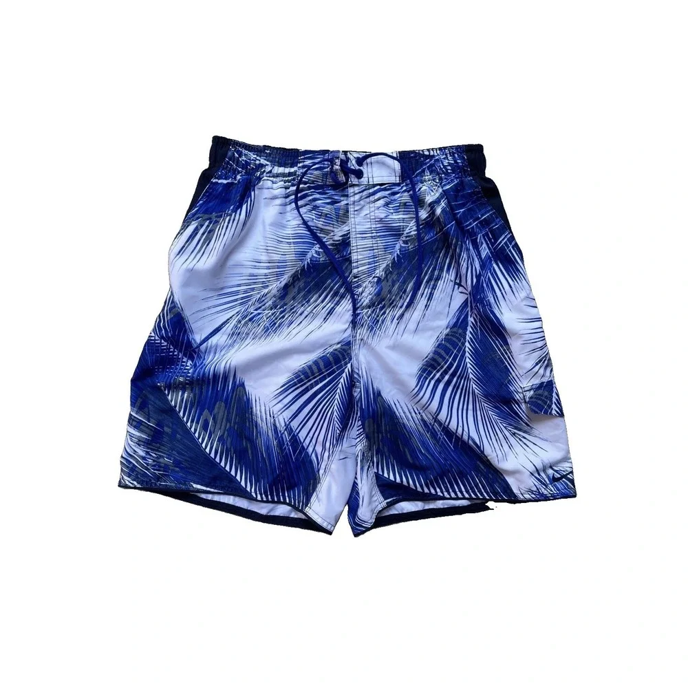 Nike Men's Swim Trunks Large Blue Palm Print Lined Elastic Waist Board Shorts